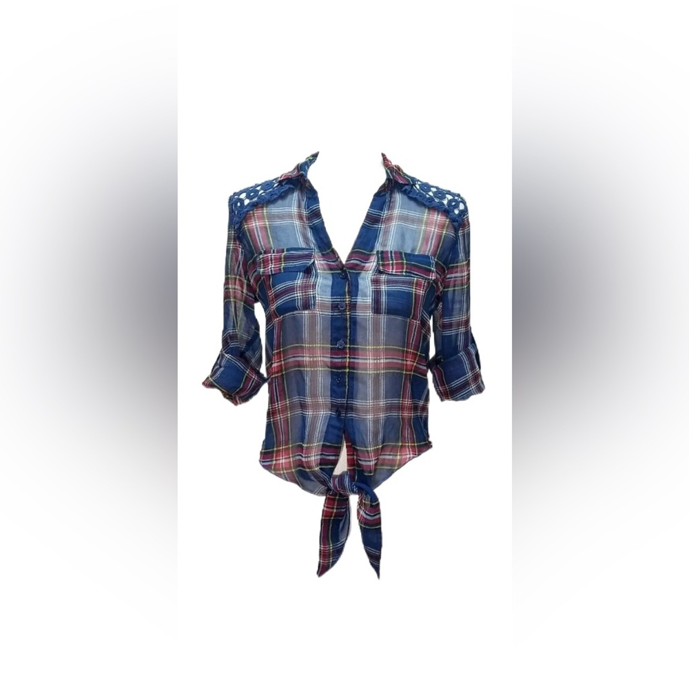 Rue21 Plaid Sheer Womens Crop Top Shirt, Tie Front, 3/4 Length Roll Tab Sleeves